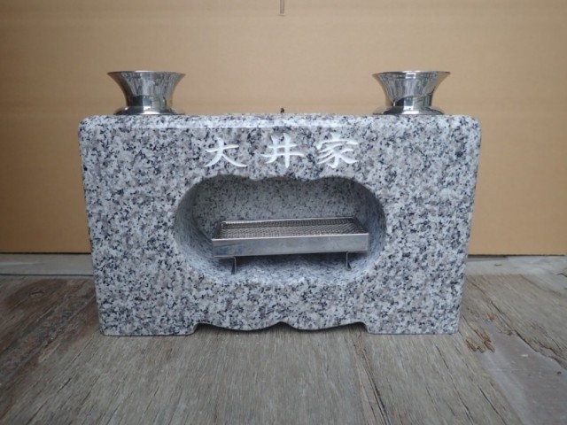 お墓用 花立・香炉一体型 高級白御影石製 ステンレスの花筒、線香皿 